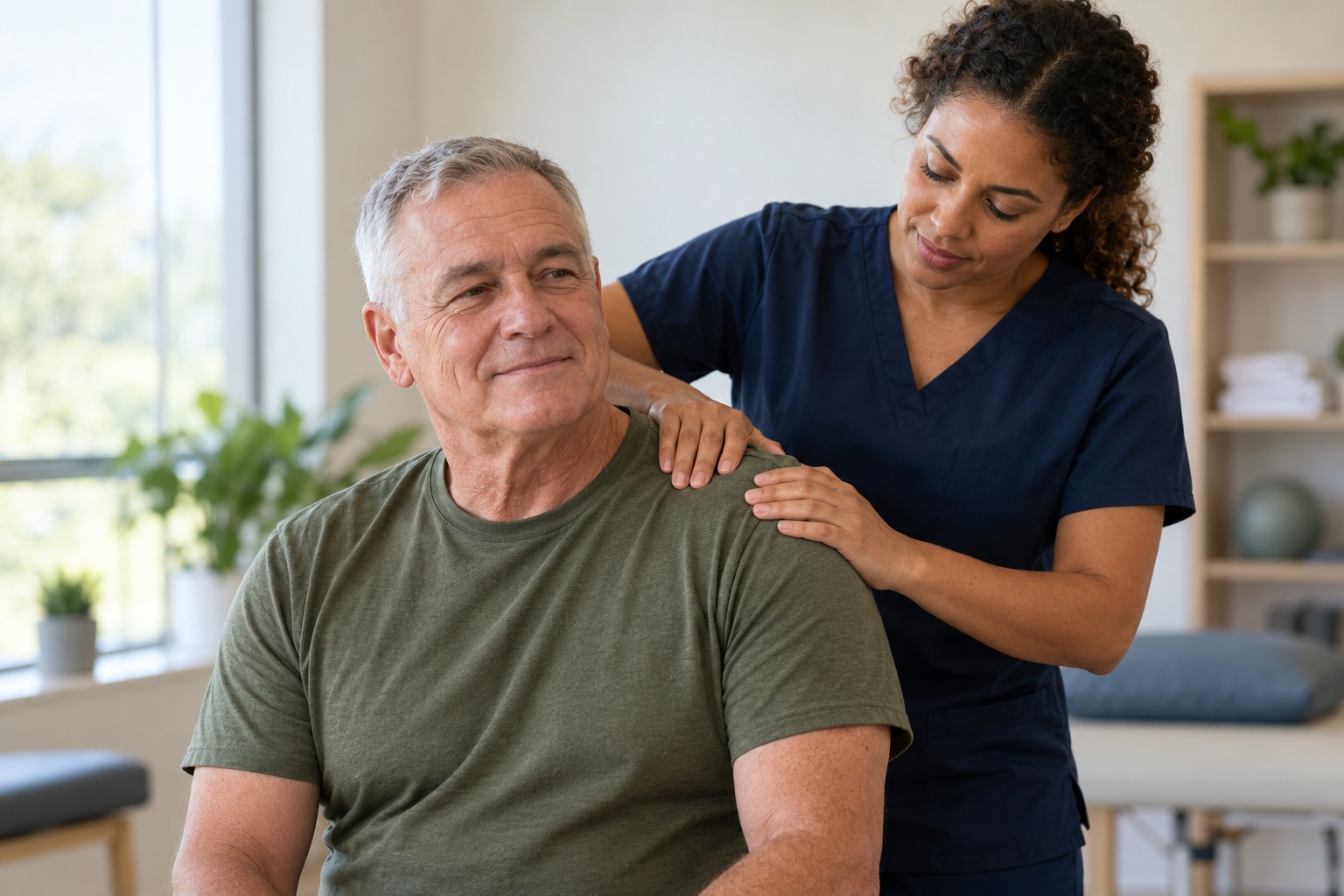 A clinician providing attentive shoulder massage in a bright clinic